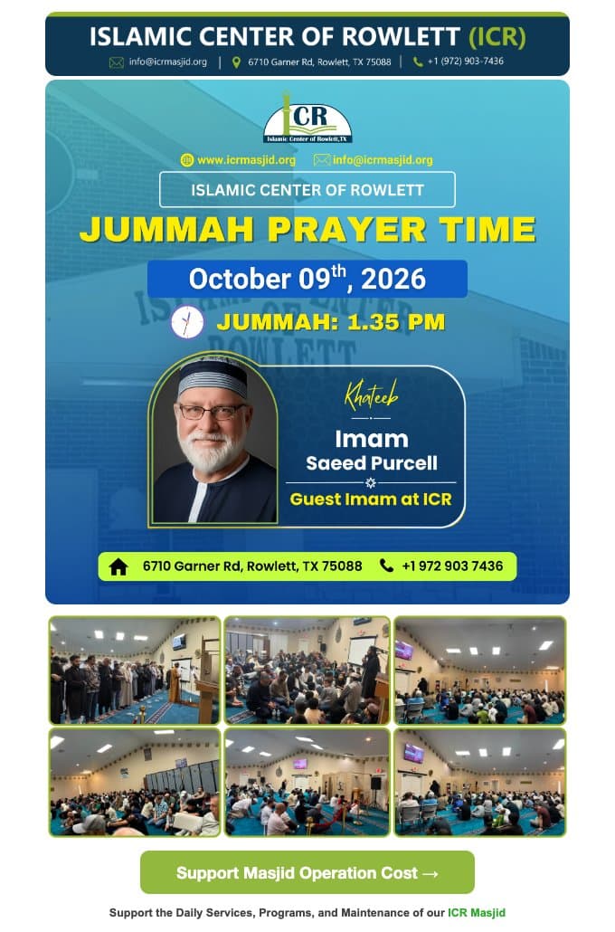 ICR's October 9 Jummah reminder email, with the prayer time, the guest imam, photos of the community at prayer, and a Support Masjid Operation Cost button