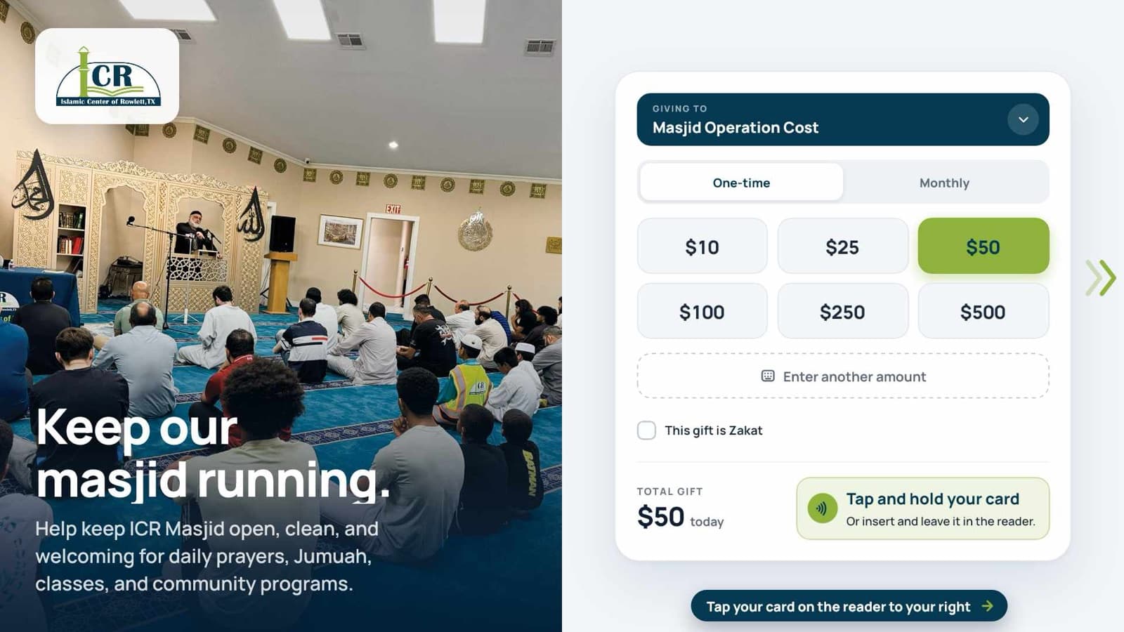 A TV giving kiosk inside Islamic Center of Rowlett with preset amounts, a monthly option, and a Zakat checkbox