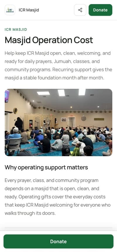 The same ICR donation page on a phone