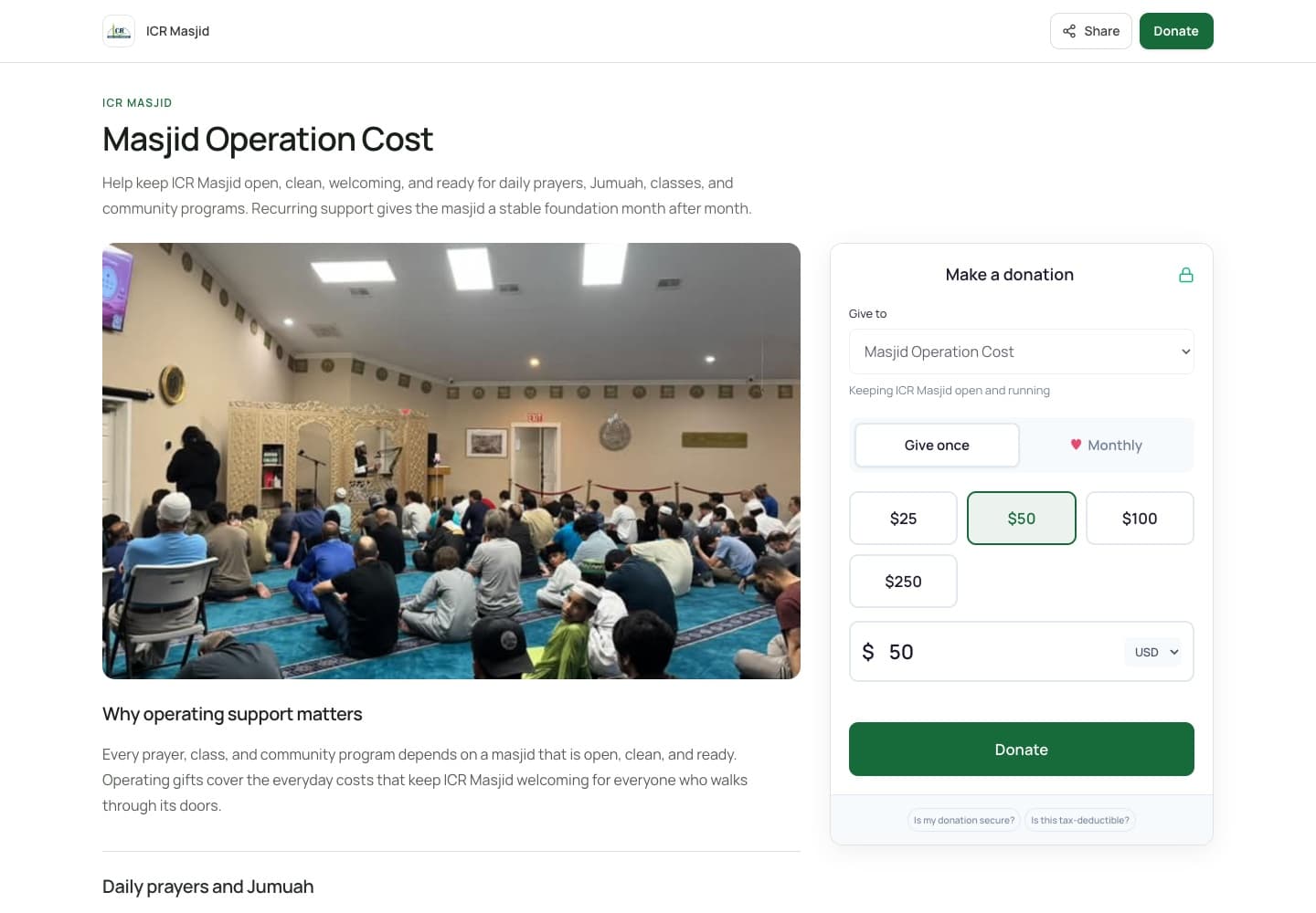 Islamic Center of Rowlett's donation page on OpenFundraise, with fund choices, preset amounts, and a monthly option