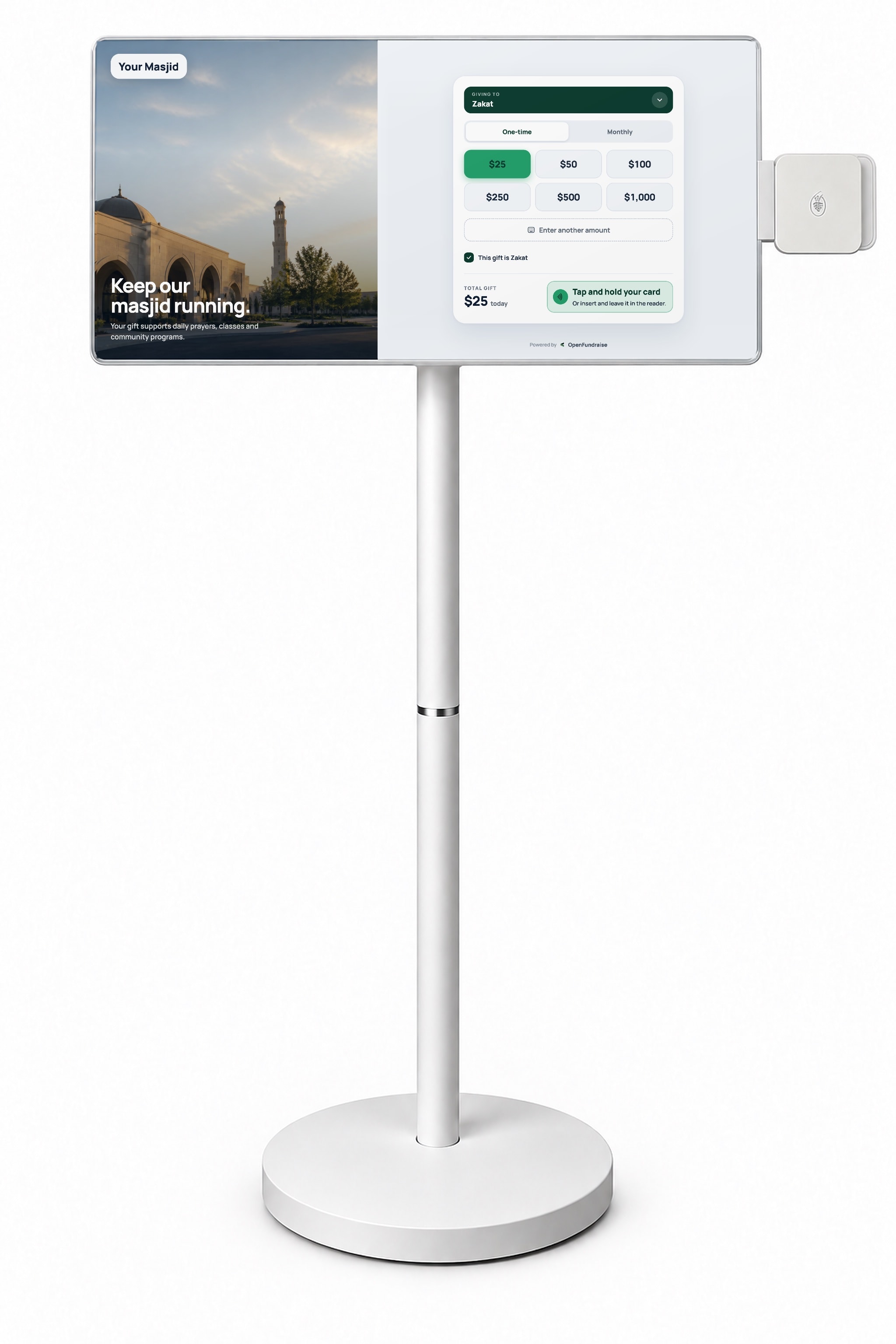 OpenFundraise giving screen on a white floor stand with a card reader mounted on its right edge