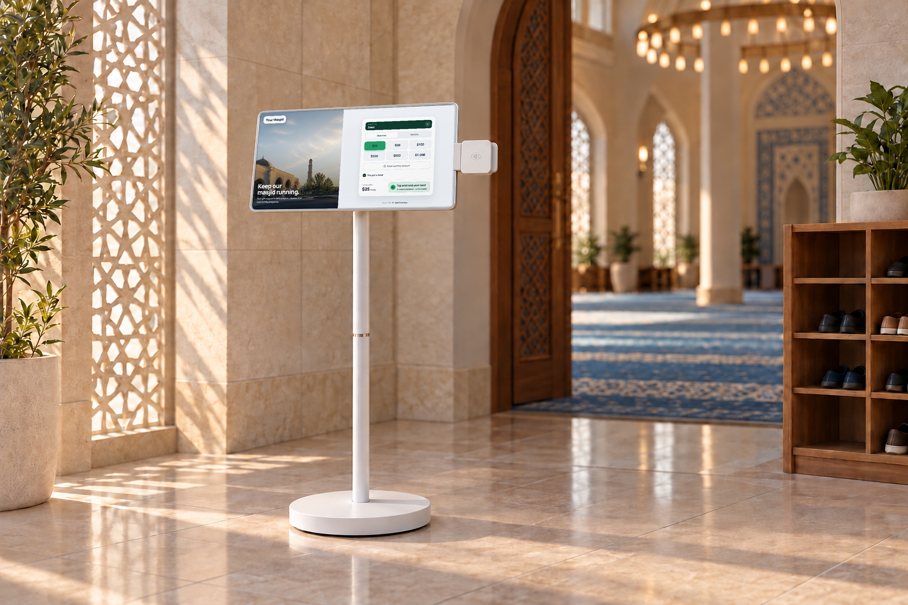 Donation kiosk standing near the entrance of a masjid prayer hall